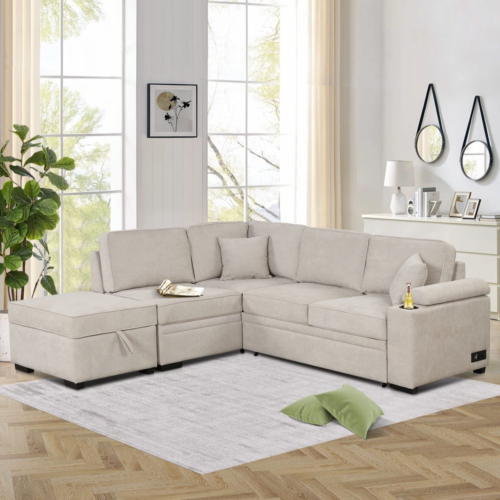 CHARMMA 87.4" Sleeper Sofa Bed,2 in 1 Pull Out Sofa Bed L Shape Couch with Storage Ottoman for Living Room,Bedroom Couch and Small Apartment,Beige,Sofas 41.01lbs,2877