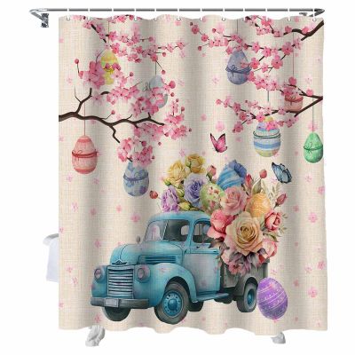 Easter Shower Curtain with Truck, Eggs, Butterfly, Flower, Pink Cherry Blossom for Bathroom Decor - Spring Bath Curtains Set, Fabric, Waterproof, Extra Long 72" X 78"