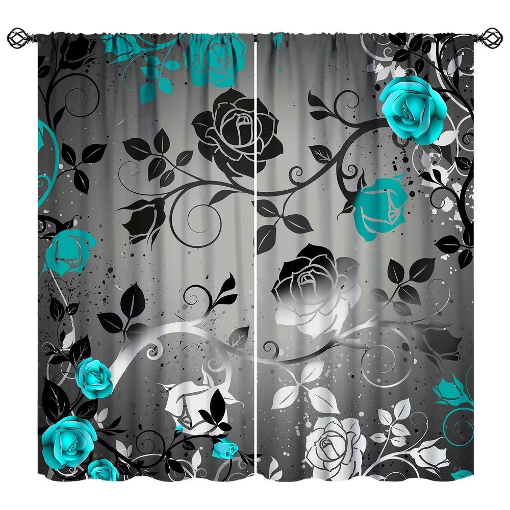 Abstract Light Blue Rose Floral Curtains Romantic Modern Flower Black Leaves for Women Girls Bedroom Decor Printed Rod Pocket Blackout Window Drapes for Living Room Kitchen Cafe W42xL84in 2 Panels