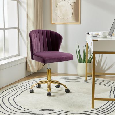 HULALA HOME Home Office Desk Chair with Gold Wheels, Small Cute Vanity Chair with Back for Bedroom, Adjustable Rolling Task Work Seat for Women/Girls, Purple