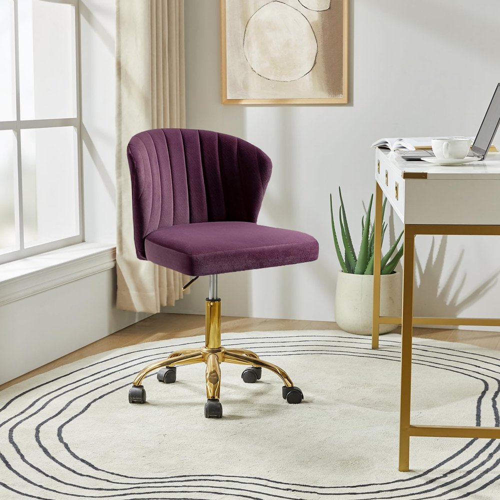 HULALA HOME Home Office Desk Chair with Gold Wheels, Small Cute Vanity Chair with Back for Bedroom, Adjustable Rolling Task Work Seat for Women/Girls, Purple
