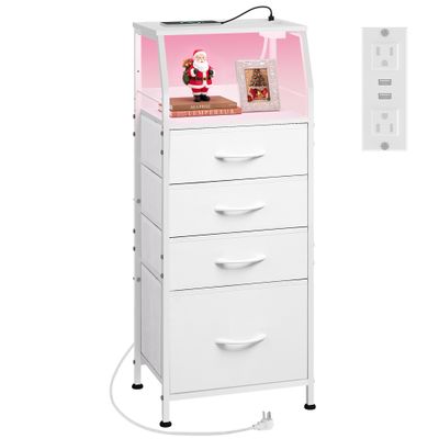 WLIVE Night Stand with Charger Station, White Nightstand with LED Light and 4 Storage Drawers, Tall Dresser for Bedroom, 37.48" H Bedside Table with Fabric Bins, Wood Shelf
