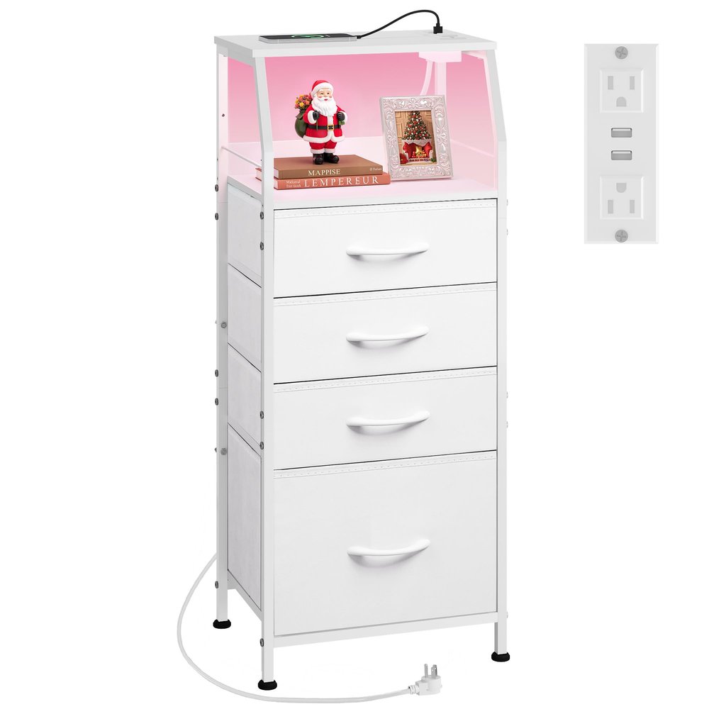 WLIVE Night Stand with Charger Station, White Nightstand with LED Light and 4 Storage Drawers, Tall Dresser for Bedroom, 37.48" H Bedside Table with Fabric Bins, Wood Shelf