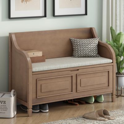 HZXINKEDZSW 42" Rustic Style Storage Bench with Safety Hinge, Wood Multifunctional Storage Bench with 2 Cabinets for Entryway, Living Room, Bedroom, Mudroom (Brown+ Beige-01)