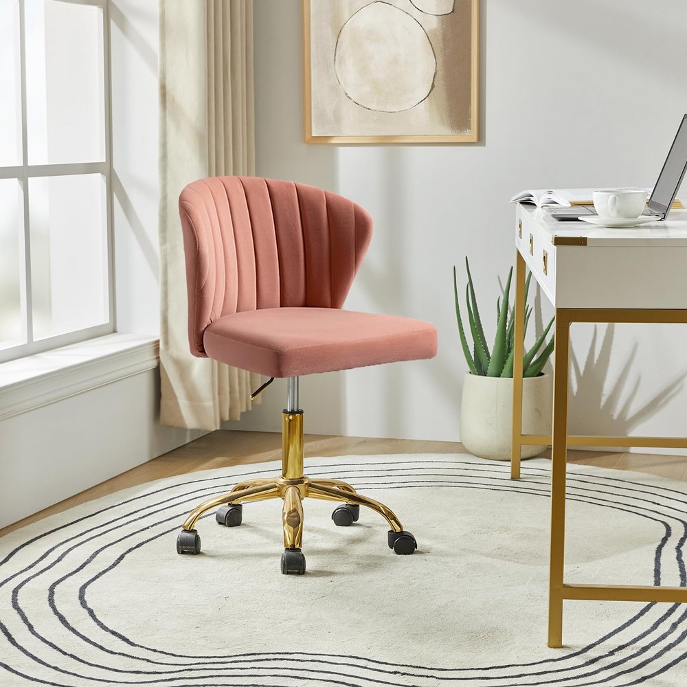 HULALA HOME Home Office Desk Chair with Gold Wheels, Small Cute Vanity Chair with Back for Bedroom, Adjustable Rolling Task Work Seat for Women/Girls, Pink