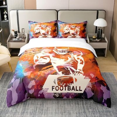 Colorful Football Player Nature Cotton Duvet Cover Watercolor Street Art Tie Dye Graffiti Bedding Set for Kids Boys Teens Adults Rugby Modern Sports Quilt Cover with 2 Pillowcases(No Comforter) Full