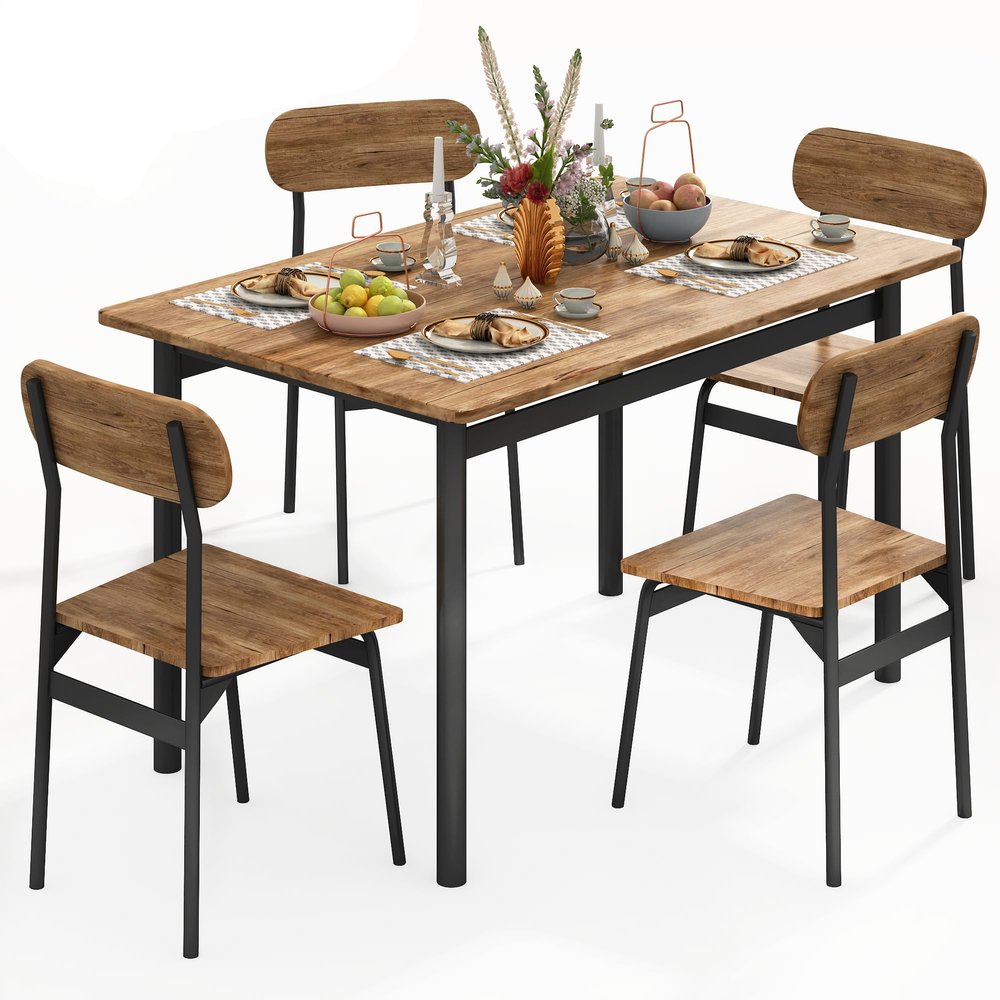 furlinkhm Kitchen Dining Table Set for 4, Modern Rectangular 5 Piece Dining Room Table and Chairs Set, Brown Wooden Metal Table Set for Family Dinner, Party, Afternoon Tea and Work (Oval)