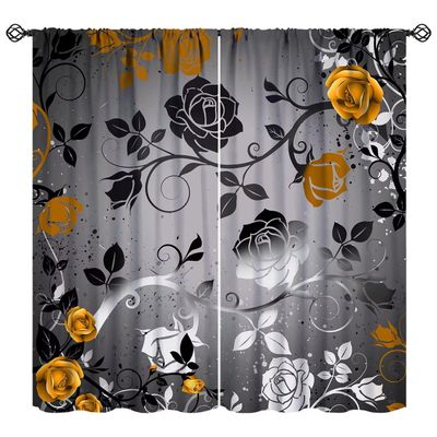 Abstract Grey Yellow Rose Floral Curtains Romantic Modern Flower Black Leaves for Women Girls Bedroom Decor Printed Rod Pocket Blackout Window Drapes for Living Room Kitchen Cafe W42xL84in 2 Panels