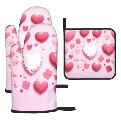 3 pcs Oven Mitts and Pot Holders Set High Heat Resistant Oven Glove and Hot Pads Washable Kitchen Oven Mittens Pink Heart Shape Non-Slip Potholder for Cooking Baking Grilling