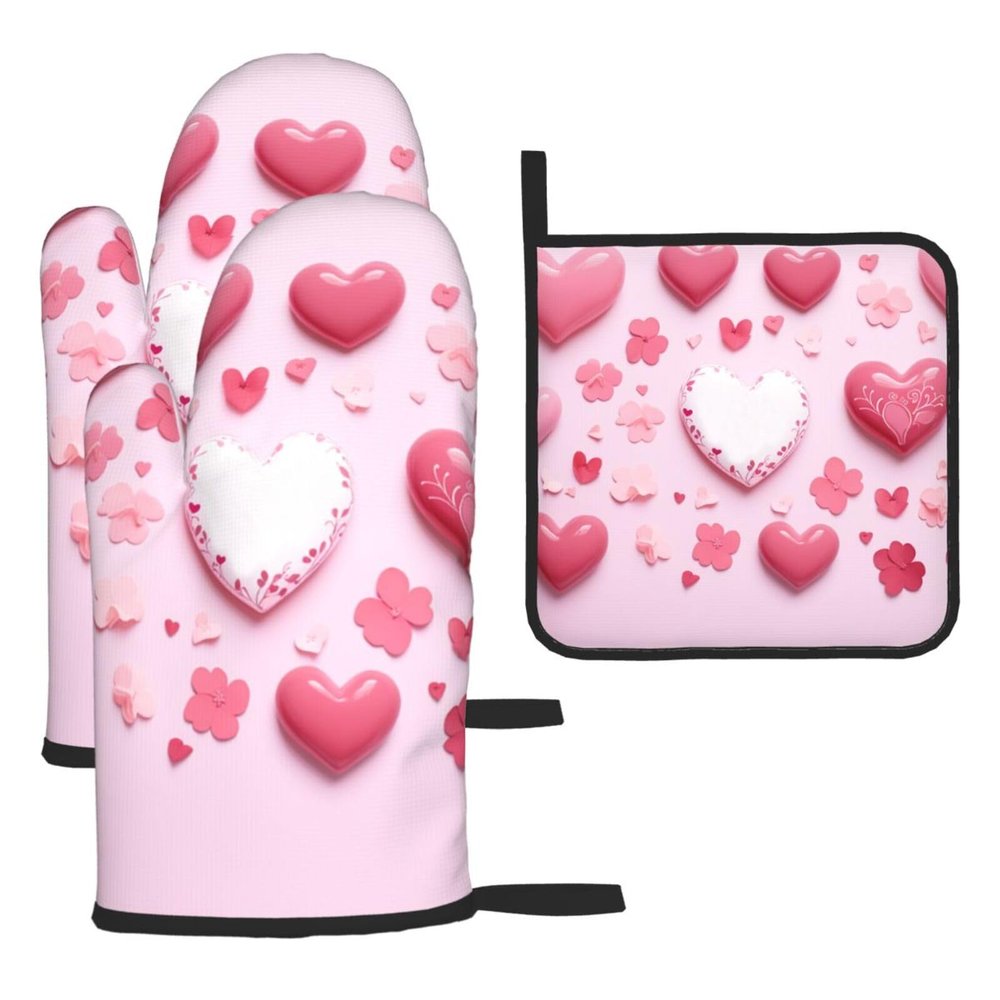 3 pcs Oven Mitts and Pot Holders Set High Heat Resistant Oven Glove and Hot Pads Washable Kitchen Oven Mittens Pink Heart Shape Non-Slip Potholder for Cooking Baking Grilling