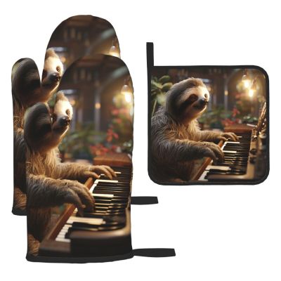 3 pcs Oven Mitts and Pot Holders Set High Heat Resistant Oven Glove and Hot Pads Washable Kitchen Oven Mittens Sloth Playing Piano Cartoon Non-Slip Potholder for Cooking Baking Grilling