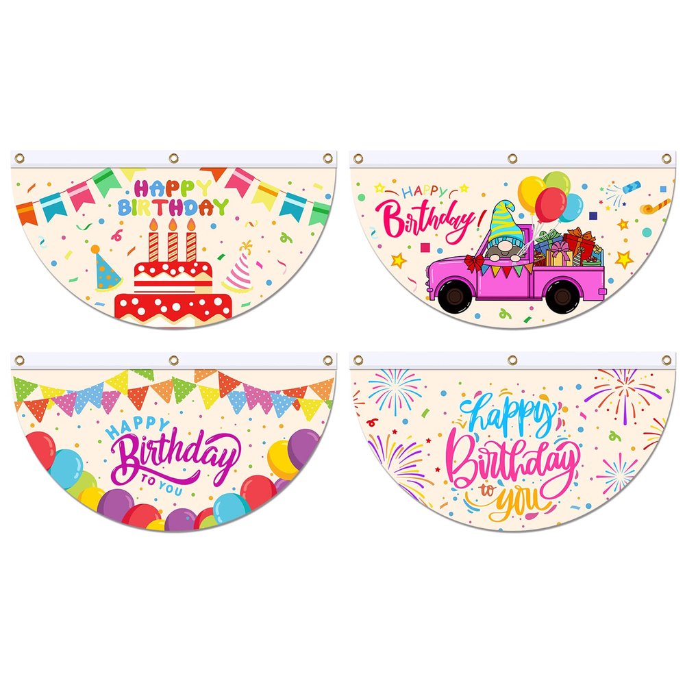 WADORN 4pcs Happy Birthday Half Round Fan Flag Banner, Balloon Pattern Door Flag Birthday Cakes Short Window Decoration Fan for Party Home Office Bathroom Dining Room Bedroom, 35.43x18.5 Inch