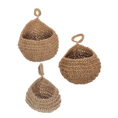 Zerodeko 3pcs Hanging Teardrop Storage Baskets Bohemian Style Wall Fruit and Vegetable Organizers for Jute Material for Garlic Onions and Decorative Plants