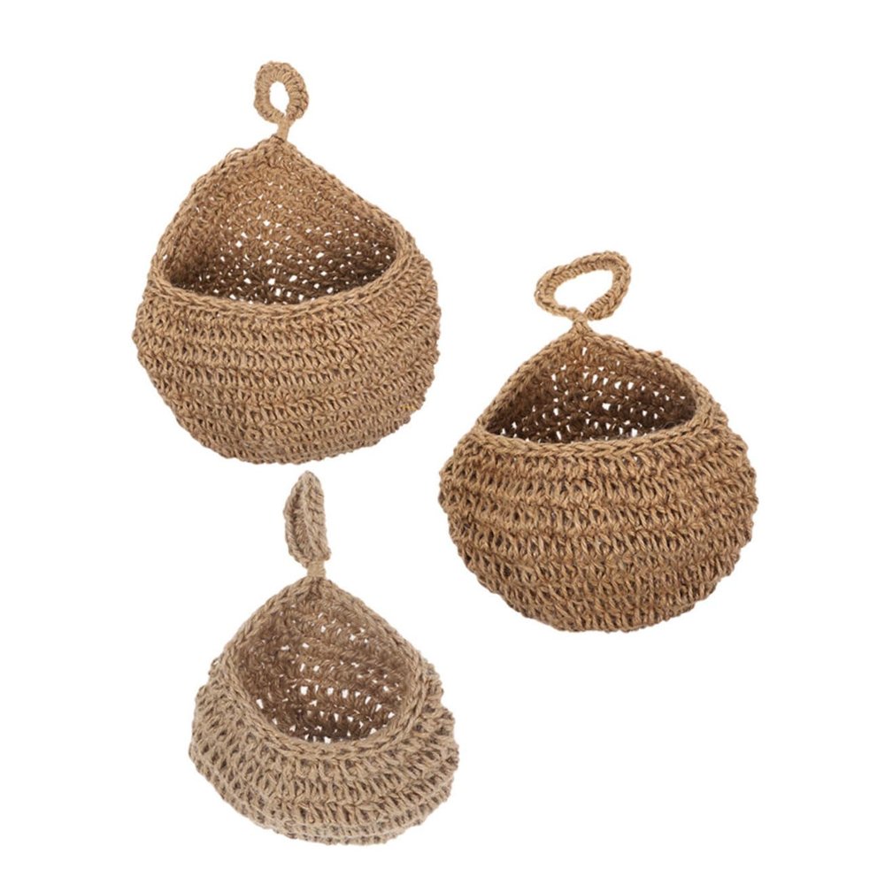 Zerodeko 3pcs Hanging Teardrop Storage Baskets Bohemian Style Wall Fruit and Vegetable Organizers for Jute Material for Garlic Onions and Decorative Plants