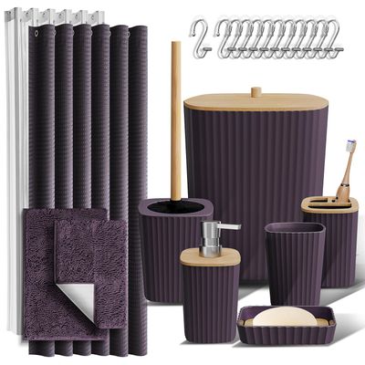 Clara Clark Bathroom Accessories Set - Bathroom Set, Bathroom Sets with Shower Curtain and Rugs, Shower Curtain Set with Trash Can - Purple - 22PC