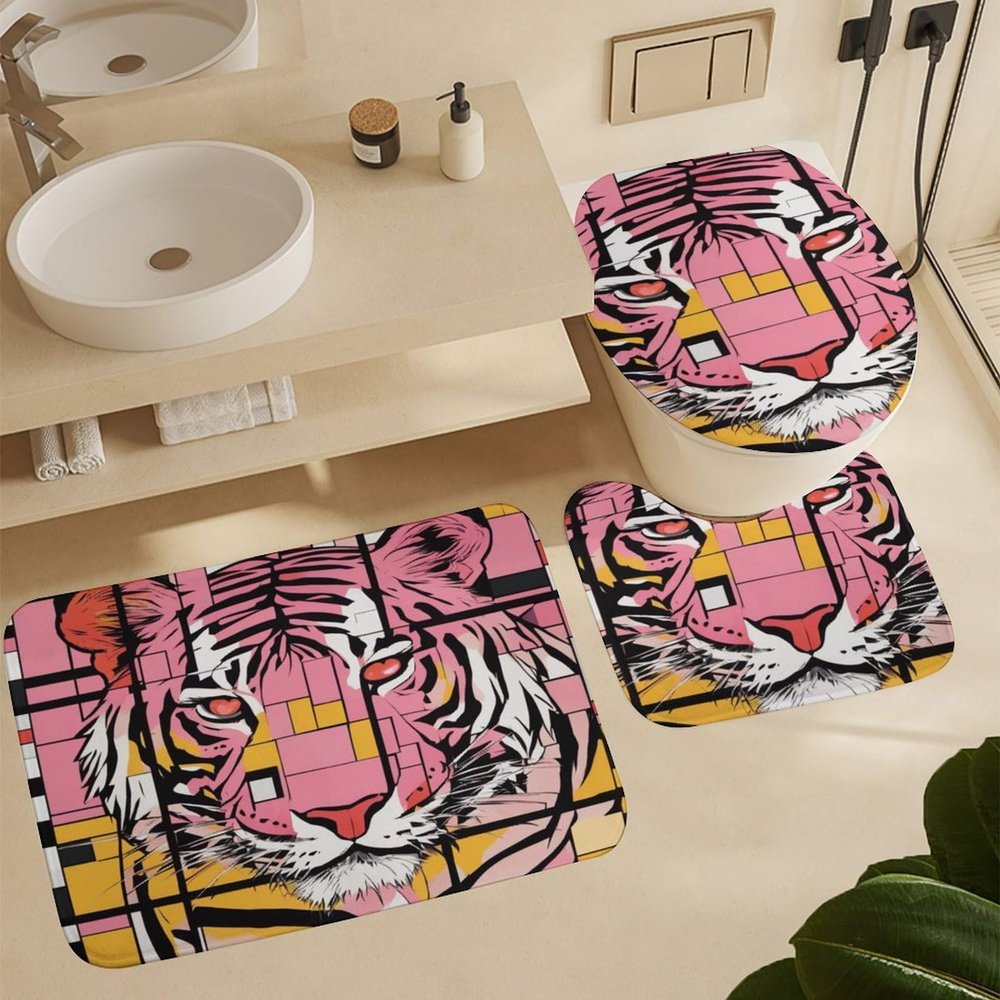 ZGDPBYF Animal Tiger Bathroom Rug Set of 3, Cartoon Pink Tiger Black and Yellow Geometry 3 Pieces Bath Mats Set for Bathroom, Washable Cover Floor Rug Decorations for Kitchen Bathroom Bedroom