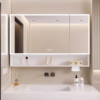 COMPR Led Medicine Cabinet, Bathroom Mirror Cabinet with One-Click Defog - Space Aluminum, Bathroom Mirror with Storage, for Toiletries(WH)