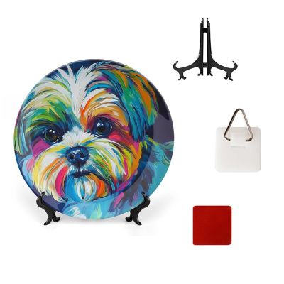 Dolrlasin Bone China Decorative Plate, Colorful Shih Tzu Dog Ceramic Decorative Plate for Home Office Wall Decor, with Vertical Stand Decorative Plates for Home Club
