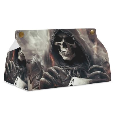 Skull Poker Tissue Box Cover, PU Leather Rectangular Tissue Box Case Organizer Holder Vanity Dresser Night Stand Table Countertop Home Office Car 7.7X4.7X4.3''