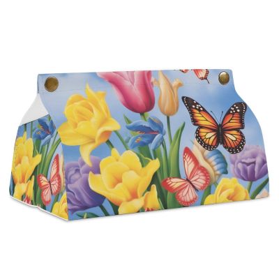 Butterfly Floral Tissue Box Cover, PU Leather Rectangular Tissue Box Case Organizer Holder Vanity Dresser Night Stand Table Countertop Home Office Car 7.7X4.7X4.3''