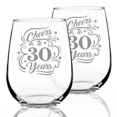 Bevvee Cheers to 30 Years - Stemless Wine Glass Gifts for Women & Men - Set of 2-30th Anniversary or Birthday Party Decor - Large 17 Ounce Glasses