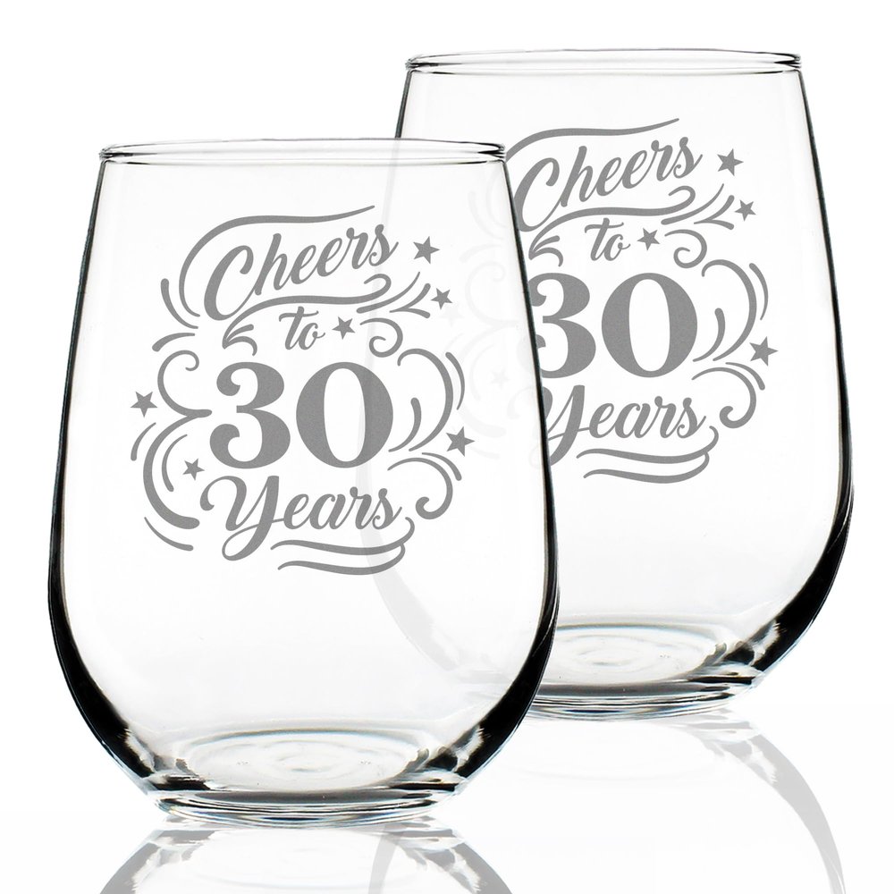 Bevvee Cheers to 30 Years - Stemless Wine Glass Gifts for Women & Men - Set of 2-30th Anniversary or Birthday Party Decor - Large 17 Ounce Glasses