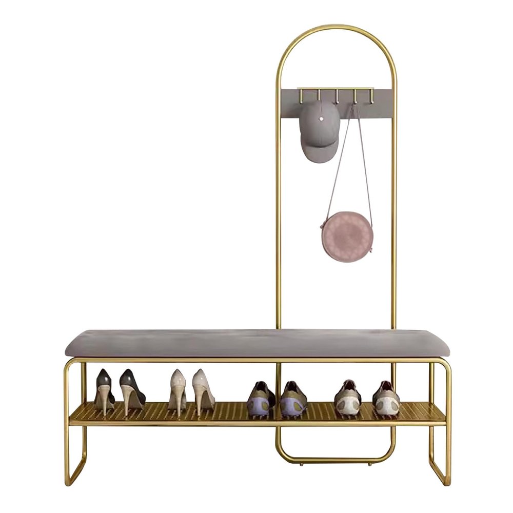 KAMPCO Entryway Bench with Coat Rack and Shoe Storage, Metal Hall Tree with Bench 2-Tier Storage Shelf and 5 Hooks, Coat Tree for Mudroom, Living Room, Bedroom