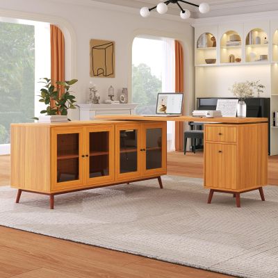 66.5" Modern L-shaped Executive Desk, Large Computer Office Desk Workstation with Delicate Tempered Glass Cabinet Storage Writing Table Study Desk with Drawers,Business Workstation for Home Office