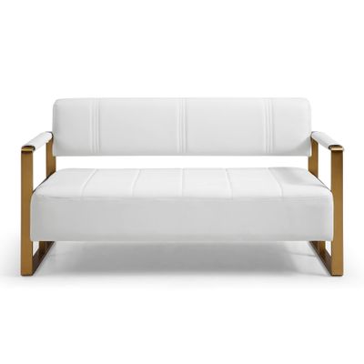 Bellemave 57.9" Width Loveseat Sofa for Living Room, Modern Upholstery Bonded Leather Accent Love Seats with Golden Metal Arms 2 Seater Couch Sofa for Office Apartment Studio Small SpacesWhite