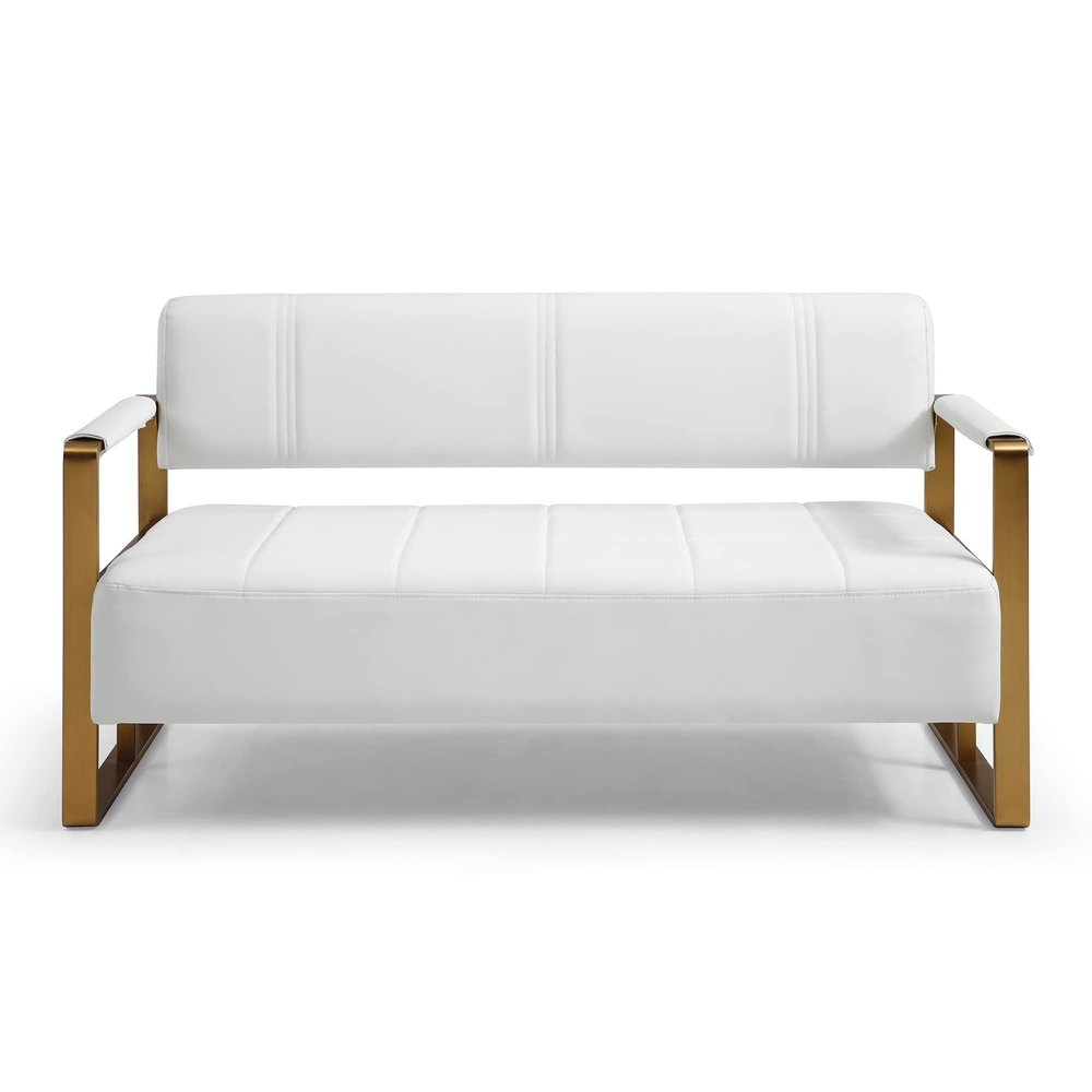 Bellemave 57.9" Width Loveseat Sofa for Living Room, Modern Upholstery Bonded Leather Accent Love Seats with Golden Metal Arms 2 Seater Couch Sofa for Office Apartment Studio Small SpacesWhite