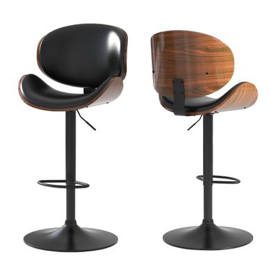 Homedraft Adjustable Swivel Bar Stools Set of 2, Modern Bentwood Barstool with Large Metal Base and Footrest, PU Leather Upholstered Bar Chair with Curved Back for Kitchen Island Dining Room, Black