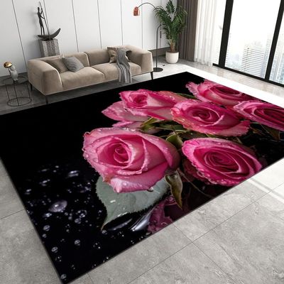 Pink Bouquet Roses Area Rugs, 6x8ft, Dewdrops Flowers Leaves 3D Pattern Carpet, Washable Rugs Mat, Indoor Short Pile Non-Slip Carpet Very for Kids Boys Girls Teen Study Bedroom Room Sofa