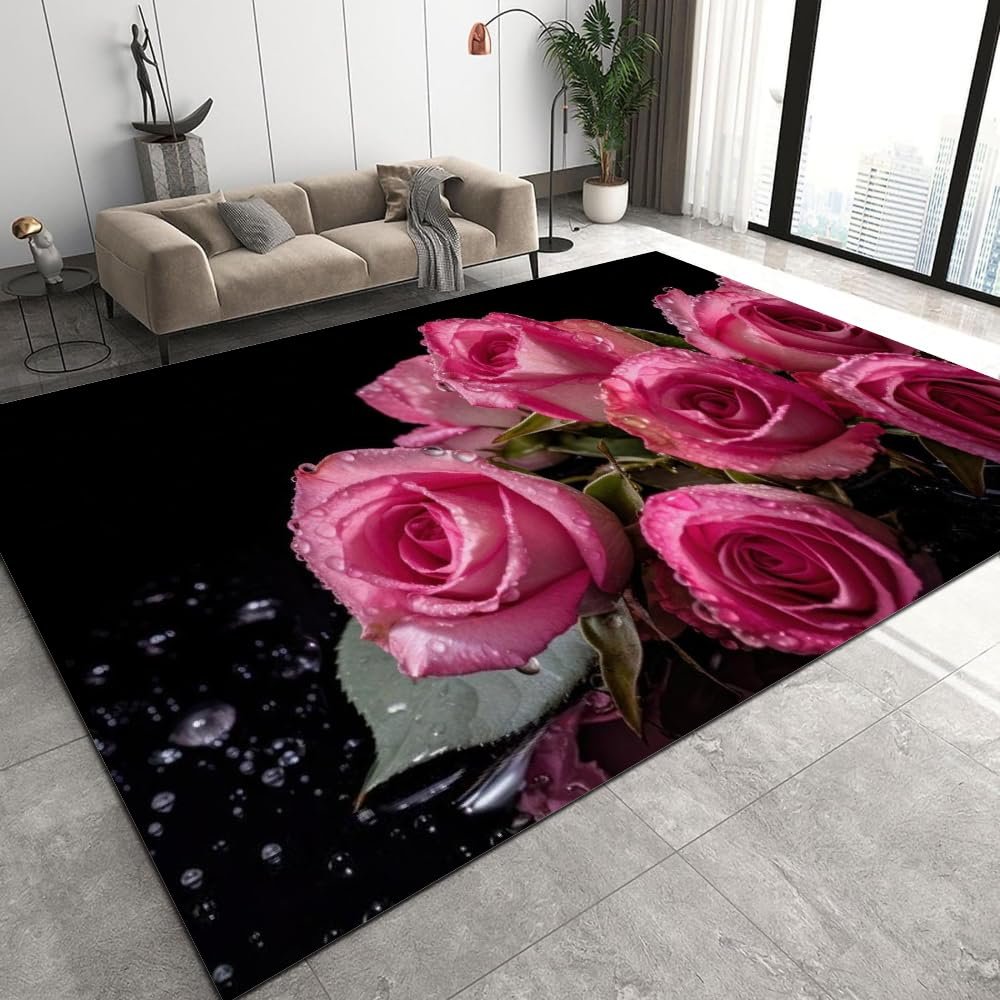 Pink Bouquet Roses Area Rugs, 6x8ft, Dewdrops Flowers Leaves 3D Pattern Carpet, Washable Rugs Mat, Indoor Short Pile Non-Slip Carpet Very for Kids Boys Girls Teen Study Bedroom Room Sofa