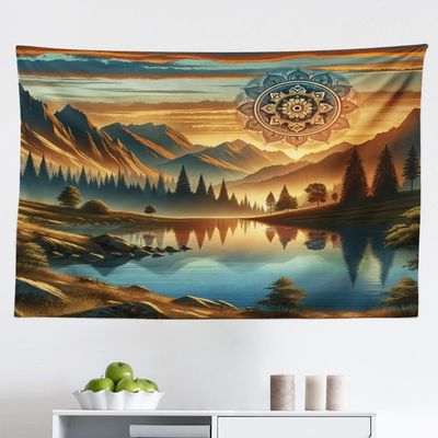 Ambesonne Mountain Tapestry, Laky Scenic Mounts and Woods Oriental Dream Aura Mandala Flower Boho, Fabric Wall Hanging Decor for Bedroom Living Room Dorm, 45" X 30", Pale Vermilion Sea Blue