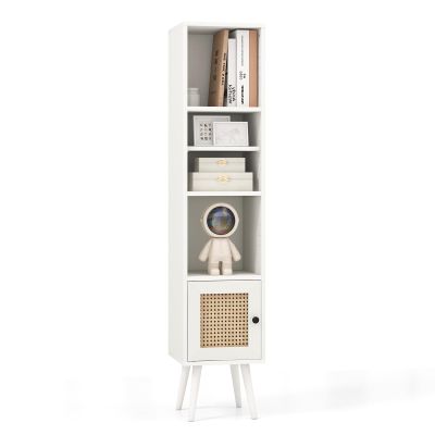 LOKO Slim Tall Rattan Storage Cabinet, Boho Accent Bookshelf with Rattan Door, 12-Position Adjustable Shelf & Solid Wood Legs, Modern Display Rack Cupboard for Living Room, Study, Kitchen (White)