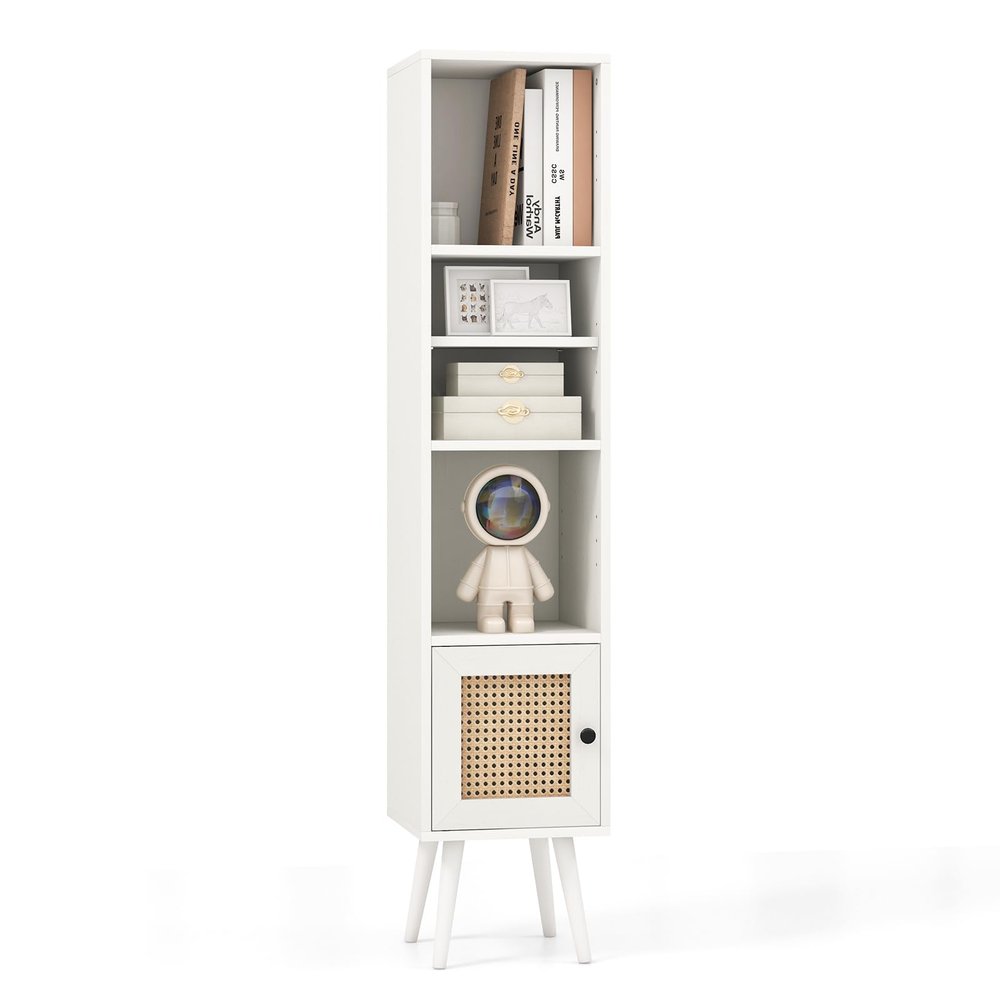 LOKO Slim Tall Rattan Storage Cabinet, Boho Accent Bookshelf with Rattan Door, 12-Position Adjustable Shelf & Solid Wood Legs, Modern Display Rack Cupboard for Living Room, Study, Kitchen (White)