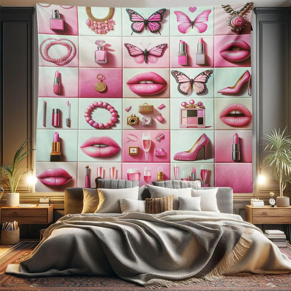 Ambesonne Pink Tapestry King Size, Squares of Feminine Fashion Lipstick Butterfly Makeup Glam Kisses Concepts, Wall Hanging Bedspread Bed Cover Wall Decor, 104" X 88", Pale Mint Green