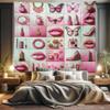 Ambesonne Pink Tapestry King Size, Squares of Feminine Fashion Lipstick Butterfly Makeup Glam Kisses Concepts, Wall Hanging Bedspread Bed Cover Wall Decor, 104" X 88", Pale Mint Green view 1