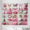 Ambesonne Pink Tapestry King Size, Squares of Feminine Fashion Lipstick Butterfly Makeup Glam Kisses Concepts, Wall Hanging Bedspread Bed Cover Wall Decor, 104" X 88", Pale Mint Green view 2