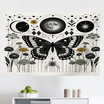 Ambesonne Boho Tapestry, Medieval Themed Witchy Butterfly Silhouette with Moon and Leaf Ornaments, Fabric Wall Hanging Decor for Bedroom Living Room Dorm, 45" X 30", Cream Dark Grey Green