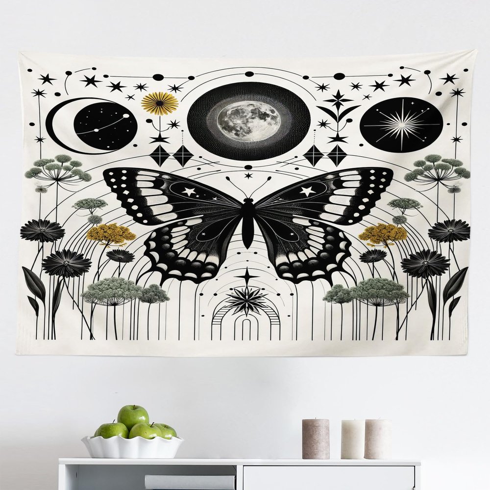 Ambesonne Boho Tapestry, Medieval Themed Witchy Butterfly Silhouette with Moon and Leaf Ornaments, Fabric Wall Hanging Decor for Bedroom Living Room Dorm, 45" X 30", Cream Dark Grey Green