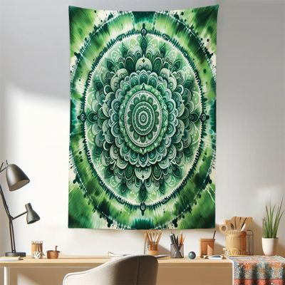 Ambesonne Green Tapestry, Mandala Circle with Tie Dye Design Symmetrical Floral Details Nature Colors, Fabric Wall Hanging Decor for Bedroom Living Room Dorm, 30" X 45", Emerald and Green