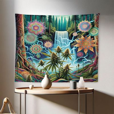 Ambesonne Trippy Tapestry, Psychedelic View of Mandala and Mystic Woods with Vine Huddles Fantasy, Fabric Wall Hanging Decor for Bedroom Living Room Dorm, 28" X 23", Multicolor Reseda Green
