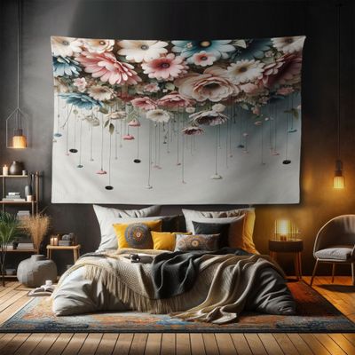 Ambesonne Flower Tapestry, Realistic Looking Huddle of Gentle Floral Bohemian with Pastel Colors, Fabric Wall Hanging Decor for Bedroom Living Room Dorm, 90" X 60", Pale Eggshell Rose Blue