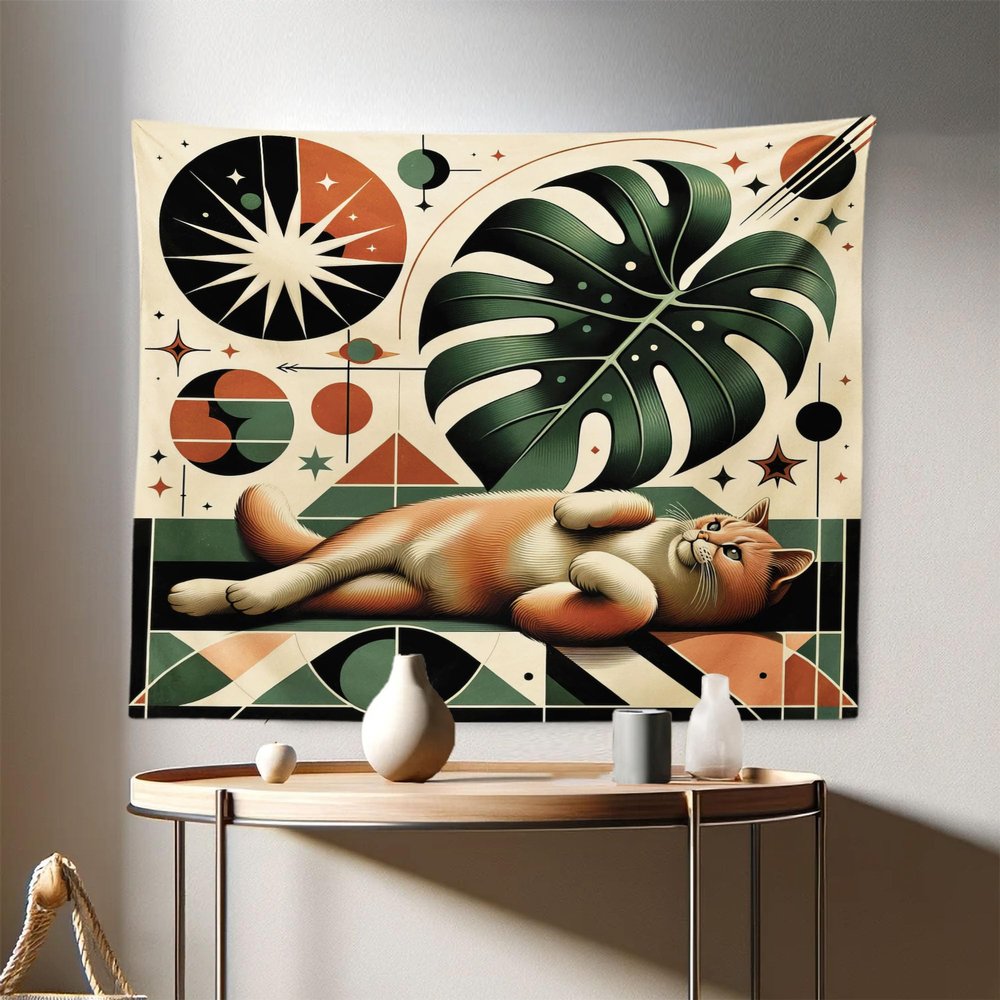 Ambesonne Cat Tapestry, Mid Century Modern Atomic Inspired Design with a Fluffy Kitty Monstera Leaf, Fabric Wall Hanging Decor for Bedroom Living Room Dorm, 28" X 23", Emerald Orange Beige