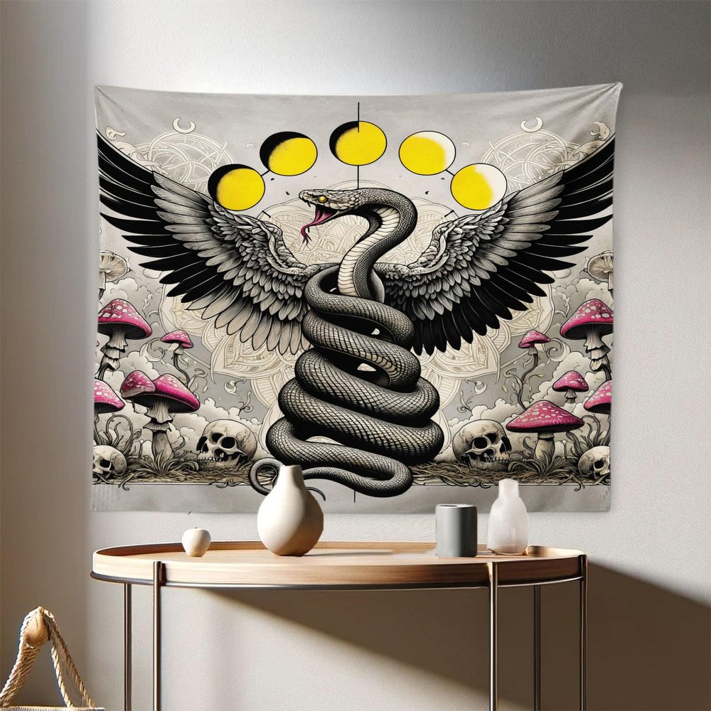 Ambesonne Gothic Tapestry, Dark Dream of Wingy Snake and Esoteric Moons Skulls and Mushrooms, Fabric Wall Hanging Decor for Bedroom Living Room Dorm, 28" X 23", Mustard Pink and Grey Yellow