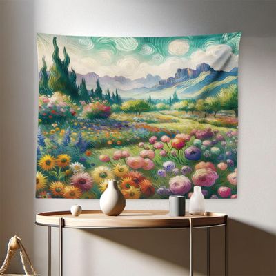 Ambesonne Green Tapestry, Spring Meadow Scene Floral Prairie Dramatic and Bold Nature Painting Like Print, Fabric Wall Hanging Decor for Bedroom Living Room Dorm, 28" X 23", Teal Multicolor
