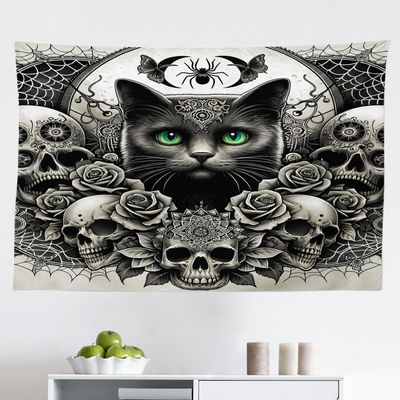 Ambesonne Gothic Tapestry, Classic Spooky Rose Ornated Skulls and Black Cat with Spider Print, Fabric Wall Hanging Decor for Bedroom Living Room Dorm, 45" X 30", Dark Grey Green and Eggshell