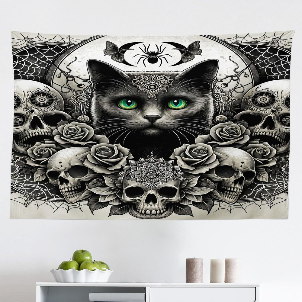 Ambesonne Gothic Tapestry, Classic Spooky Rose Ornated Skulls and Black Cat with Spider Print, Fabric Wall Hanging Decor for Bedroom Living Room Dorm, 45" X 30", Dark Grey Green and Eggshell