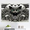 Ambesonne Gothic Tapestry, Classic Spooky Rose Ornated Skulls and Black Cat with Spider Print, Fabric Wall Hanging Decor for Bedroom Living Room Dorm, 45" X 30", Dark Grey Green and Eggshell view 1